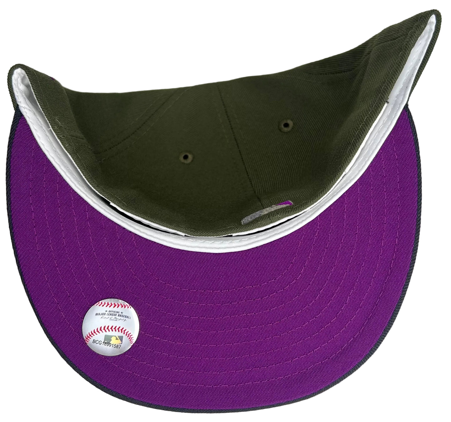 New Era California Angels 59FIFTY fitted cap from the "Mossy Haze" collection, featuring a prominent purple embroidered CA logo.
