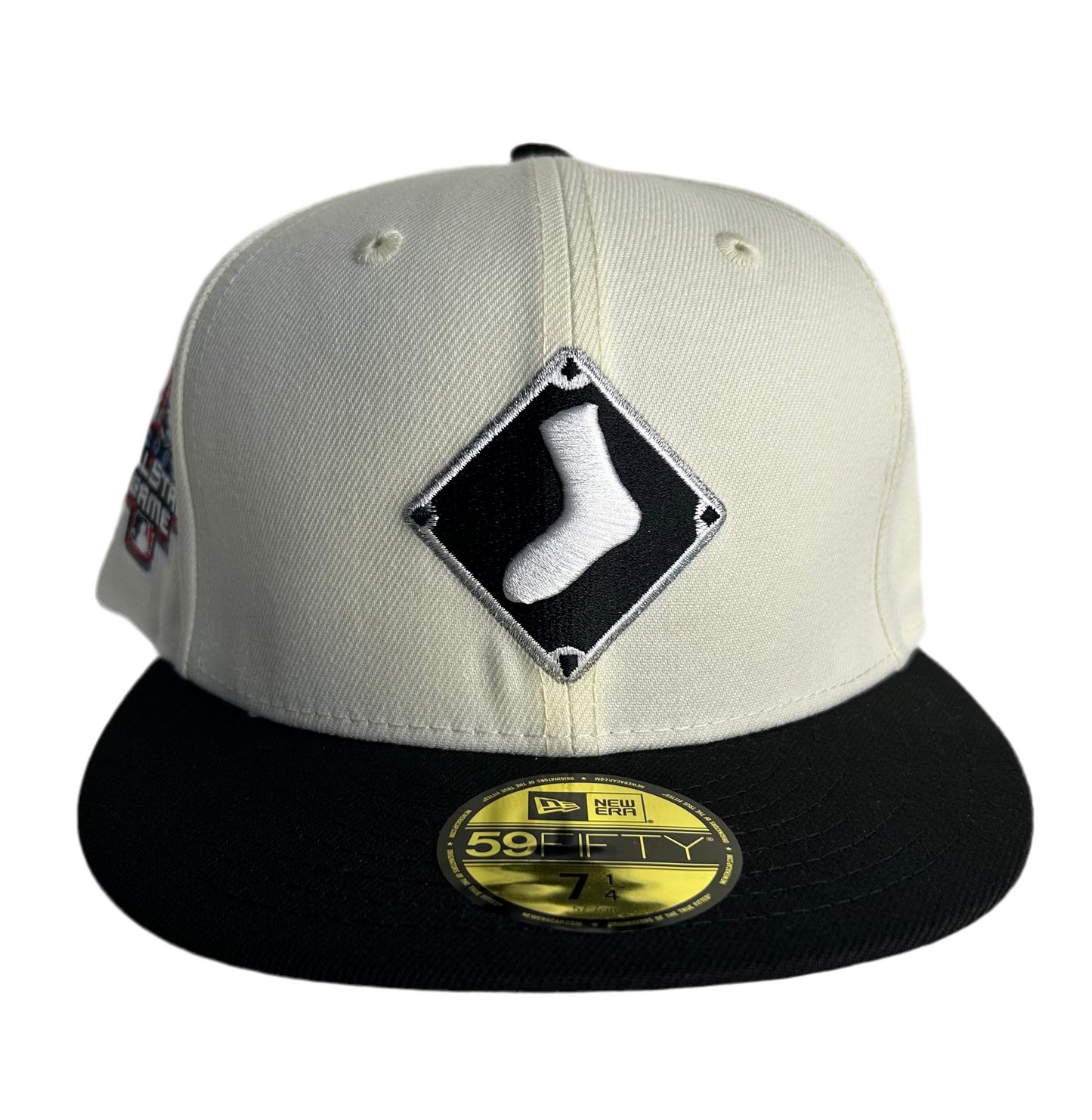 New Era 59FIFTY Chicago White Sox 2-Tone 2003 All-Star Game fitted hat in white with a black brim and side patch.