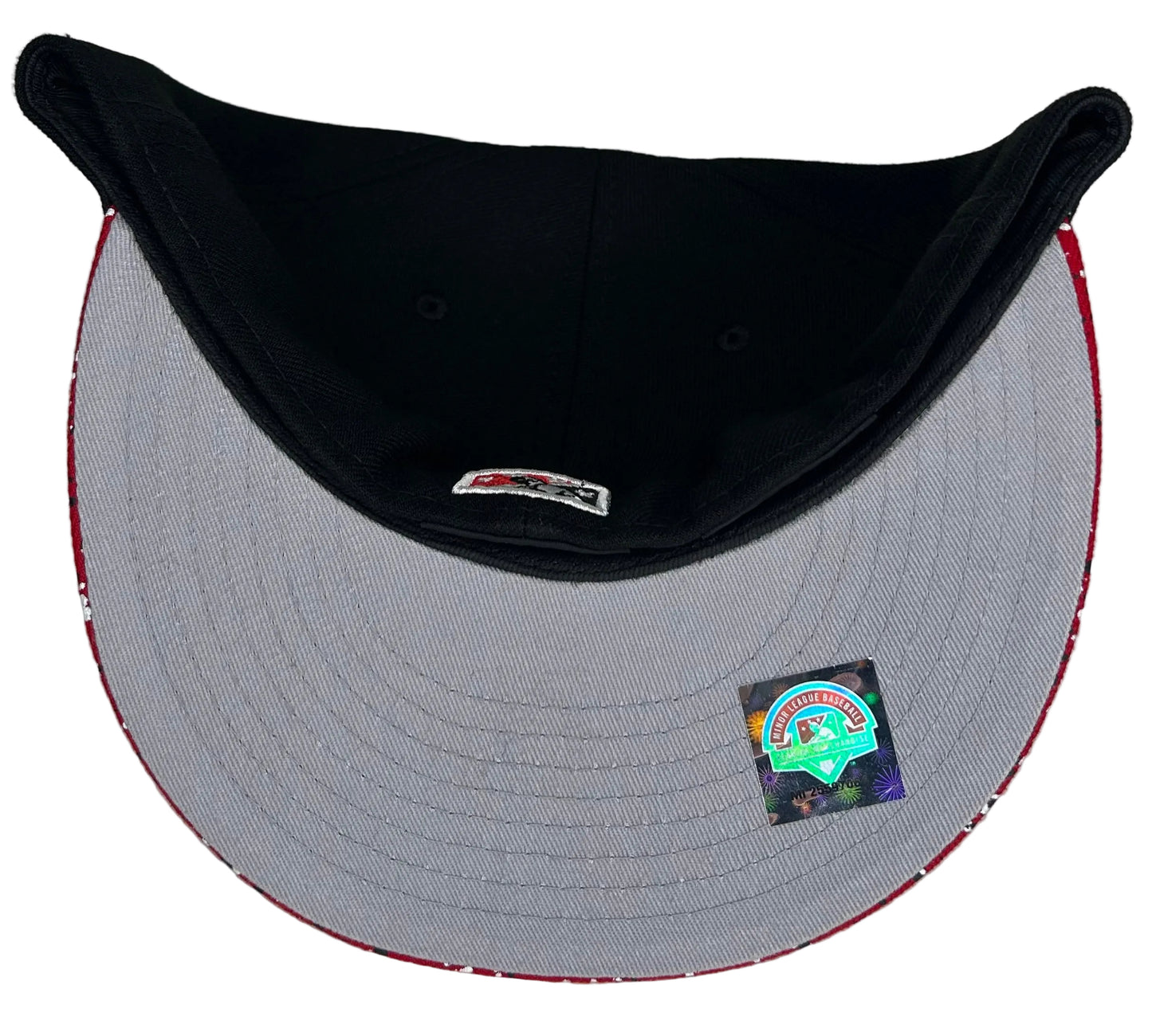 New Era Fayetteville Woodpeckers 59FIFTY fitted hat features a black crown and a distinct red speckled brim.