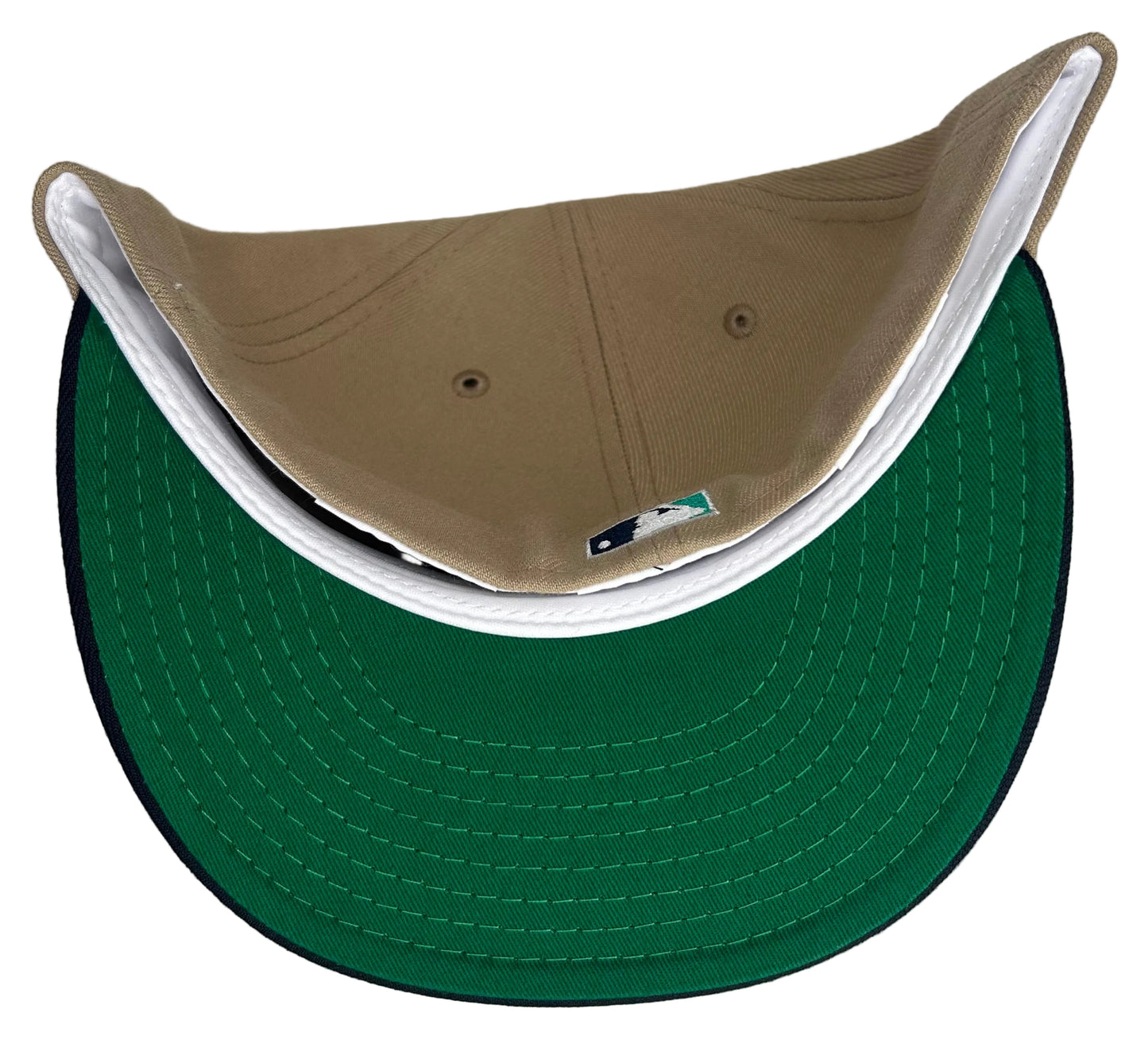 New Era 59FIFTY Seattle Mariners fitted hat features a camel brown crown, navy blue visor, and a 35th Anniversary side patch.