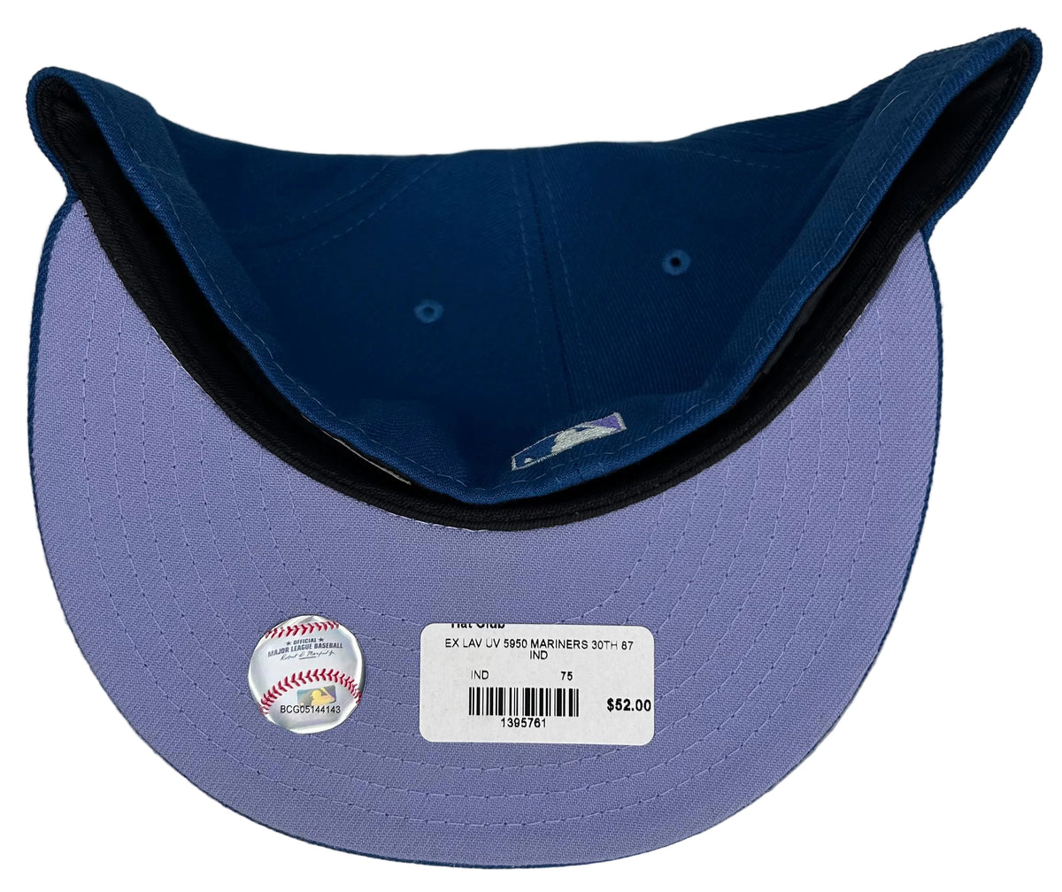 New Era 59FIFTY fitted Seattle Mariners “Lavender Fields” featuring a purple "S" front logo and a 30th-anniversary side patch.