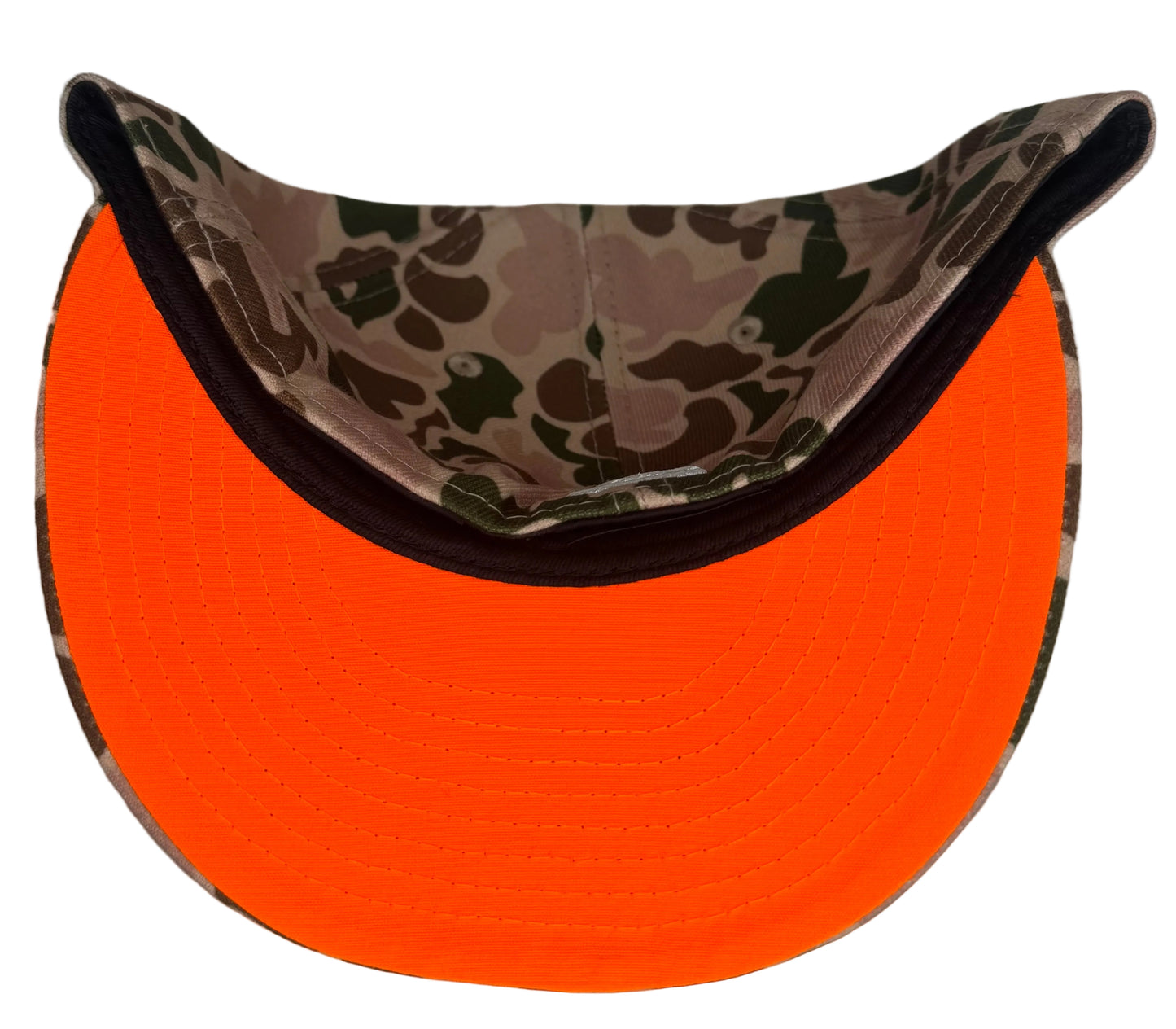 New Era Washington Nationals 2019 World Series Side Patch Duck Camo 59FIFTY fitted hat featuring a distinctive green and brown camo pattern with a contrasting orange undervisor.