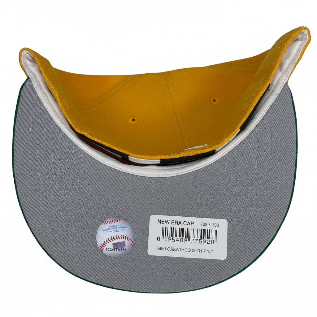 New Era Oakland Athletics 59FIFTY fitted cap featuring a yellow crown, green visor, and a special side patch.