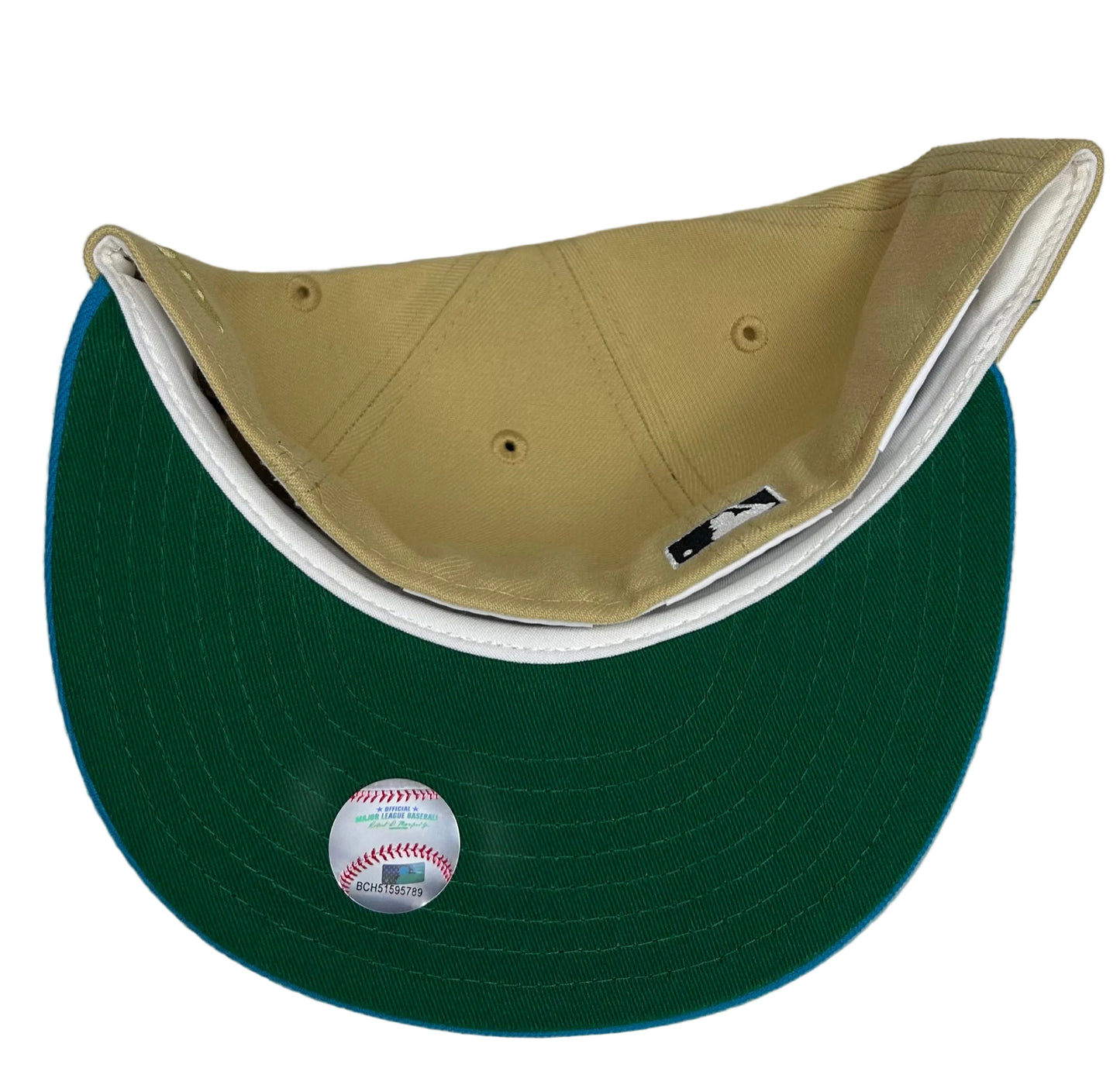 New Era Brooklyn Dodgers 59FIFTY fitted hat, featuring a Vegas Gold crown, Royal Blue visor, and a special Jackie Robinson anniversary side patch.