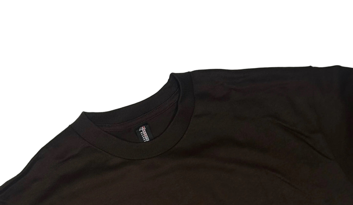 crewneck t-shirt by Startex features a lightweight fabric construction Chocolate colored, blank.