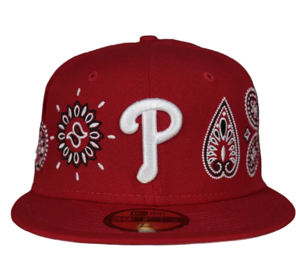PHILADELPHIA PHILLIES ALL OVER PAISLEY BANDANA PATTERN GREY BOTTOM 5950 FITTED CAP | RED