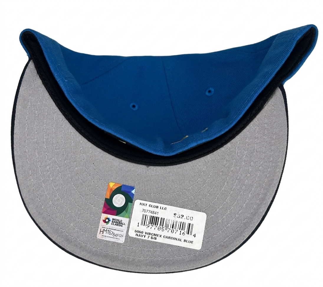 Mexico 2023 World Baseball Classic New Era 59Fifty fitted hat in a blue and navy colorway with a side flag patch.