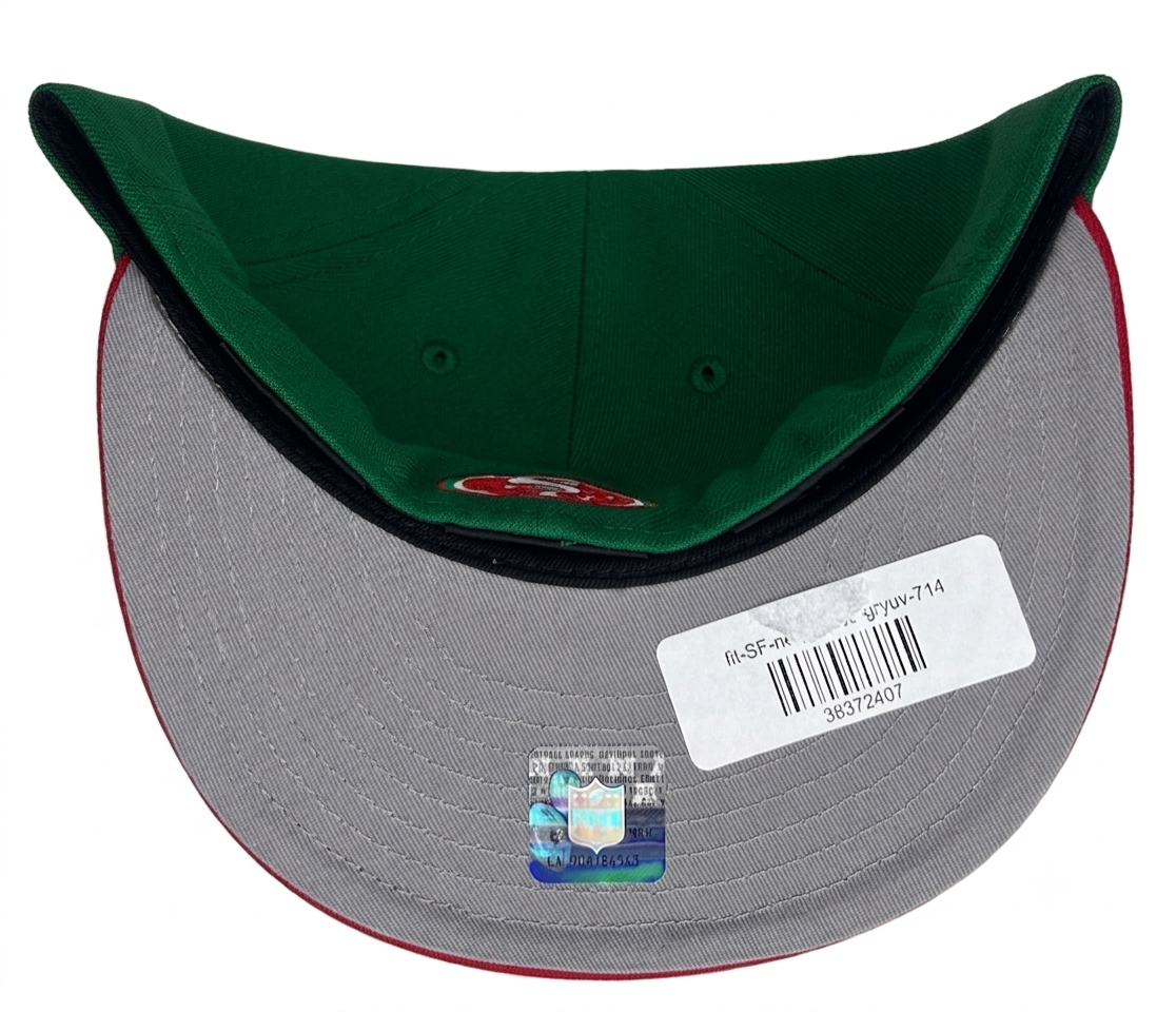 San Francisco 49ers “Mexico” New Era 59FIFTY fitted hat features a vibrant green crown with a contrasting red visor and a raised silver embroidered logo.
