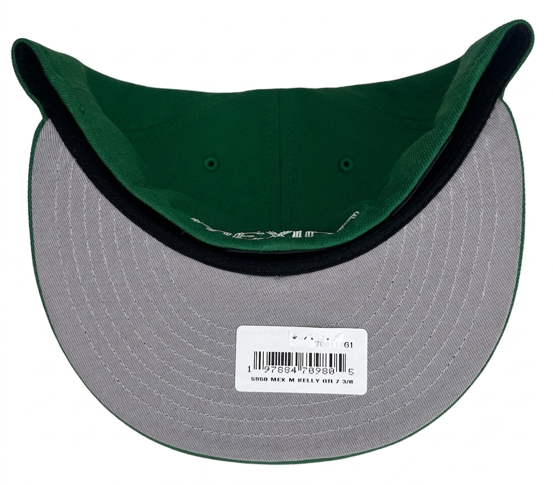 New Era 59FIFTY Mexico World Baseball Classic Fitted Hat, featuring a kelly green crown and a white/green embroidered logo.