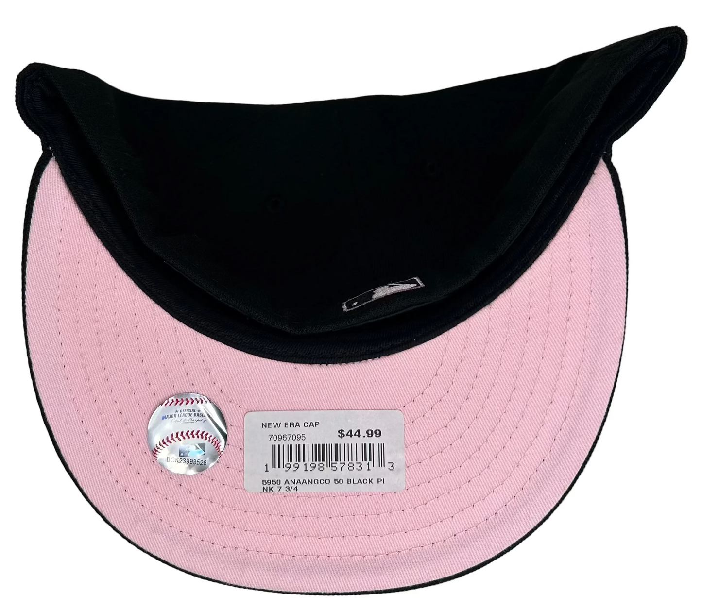 New Era Los Angeles Angels 50th Season 59FIFTY fitted hat featuring a black crown with pink and gold embroidery.