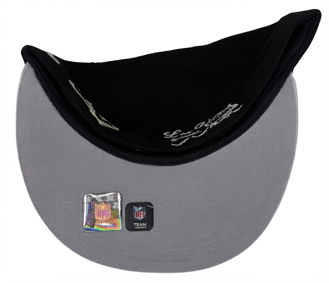 New Era Las Vegas Raiders Super Bowl XVIII Letterman 59FIFTY Fitted Hat featuring a classic black crown, contrasting grey flat brim, and a chenille letterman-style Super Bowl XVIII side patch.
