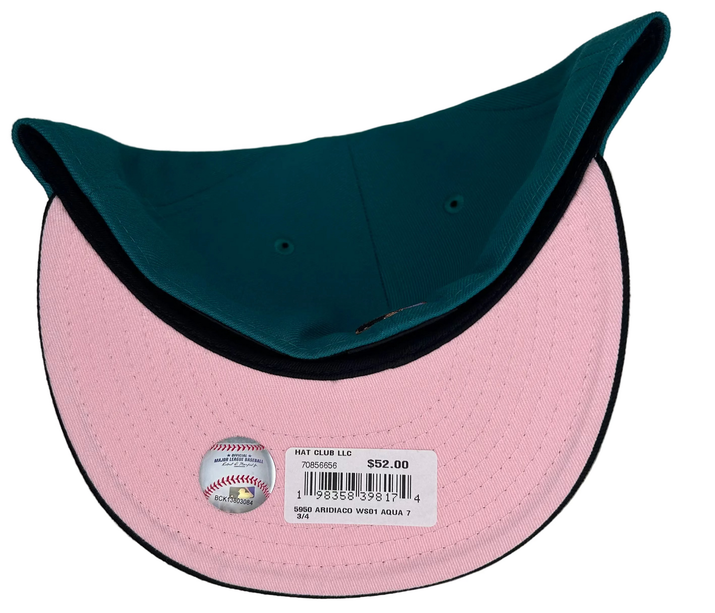 New Era Arizona Diamondbacks "Upside Down" 59FIFTY fitted hat featuring a teal crown, black brim, and a 2001 World Series side patch W/ a Pink a UV.