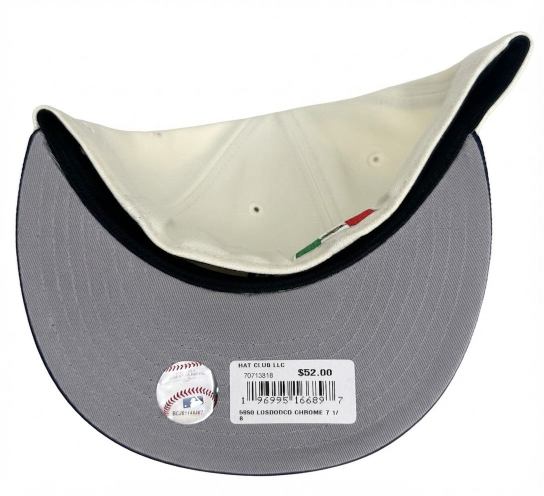 New Era 59FIFTY Los Angeles Dodgers 50th Anniversary fitted hat featuring an off-white crown and a navy visor.