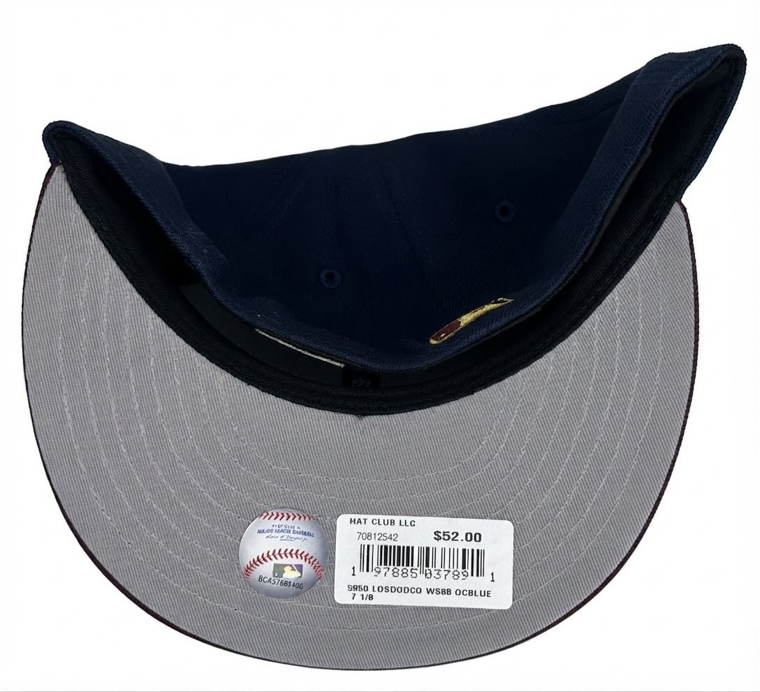 New Era 59FIFTY Los Angeles Dodgers fitted hat with a navy crown, maroon visor, and a 1988 World Series side patch.