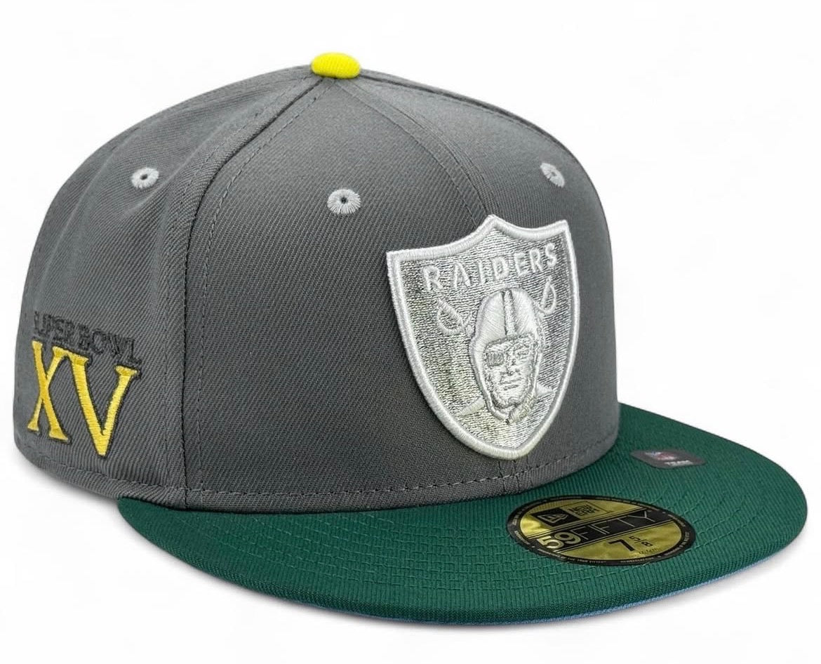 New Era Las Vegas Raiders 59FIFTY fitted hat in gray and graphite with a green visor and a Super Bowl XV patch, Icy UV.