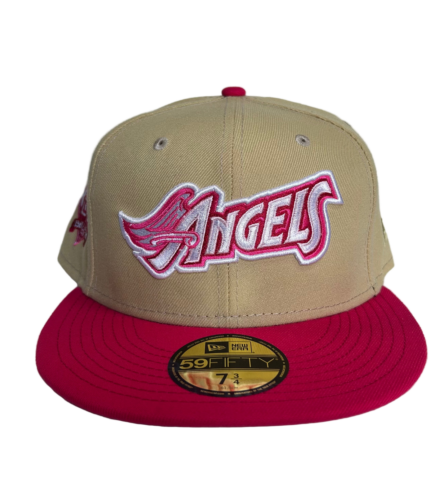 Los Angeles Angels White and Pink 50th Anniversary Patch Pink UV New Era 59FIFTY Fitted Hat.