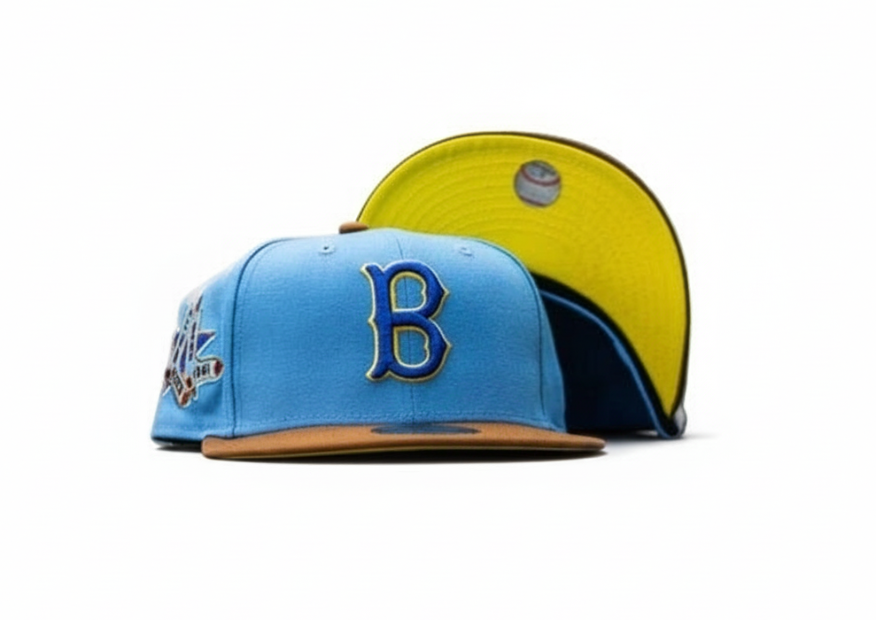 NEW ERA fitted Boston Red Sox cap w/ 1961 ASG side patch Sky Blue/ Peanut Brown/Yellow UV/ Navy Blue color way