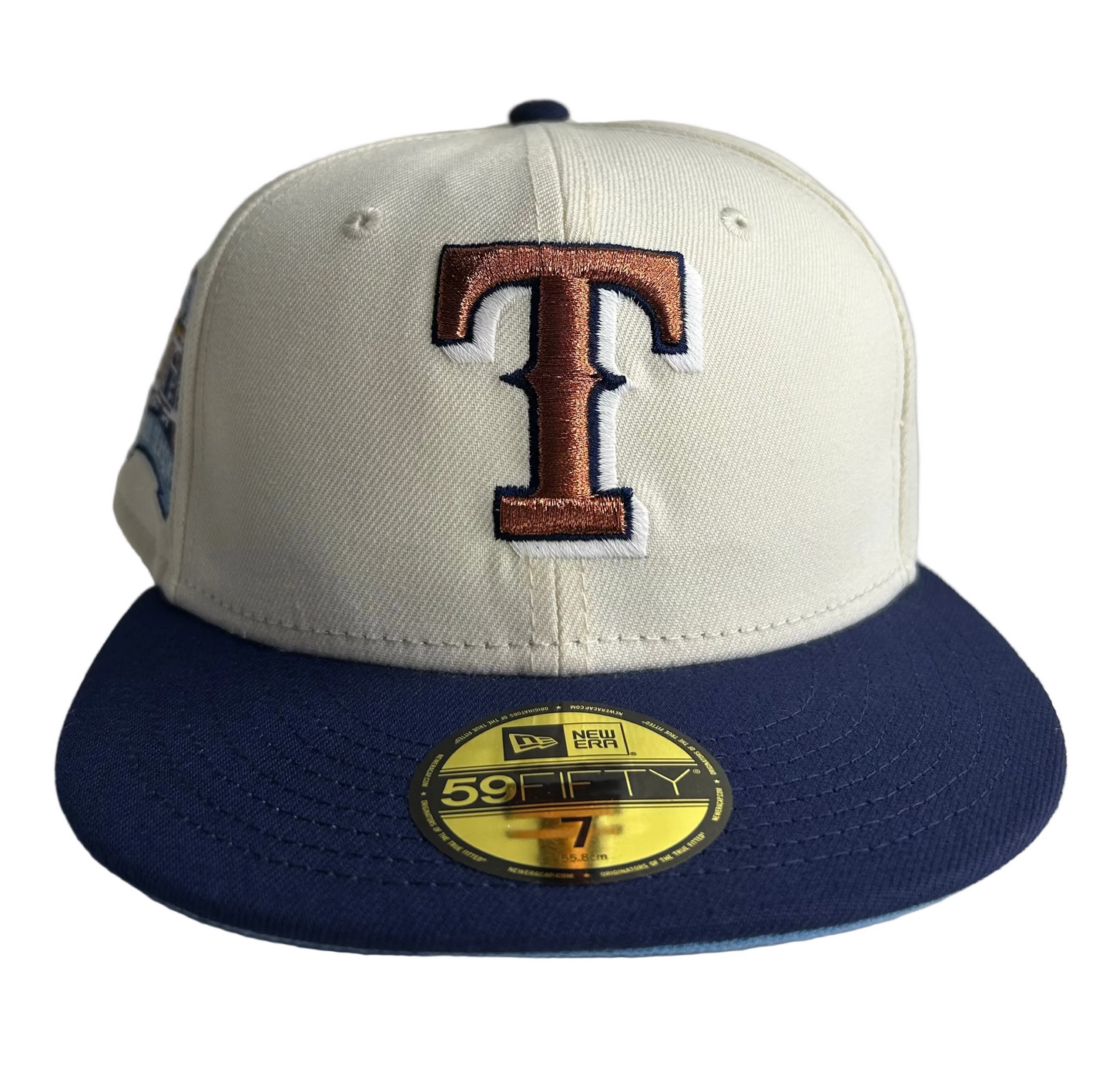 New Era 59FIFTY Texas Rangers fitted hat with an off-white crown, a navy blue brim, Copper Stitching & icy Uv. and a "Final Season" side patch.