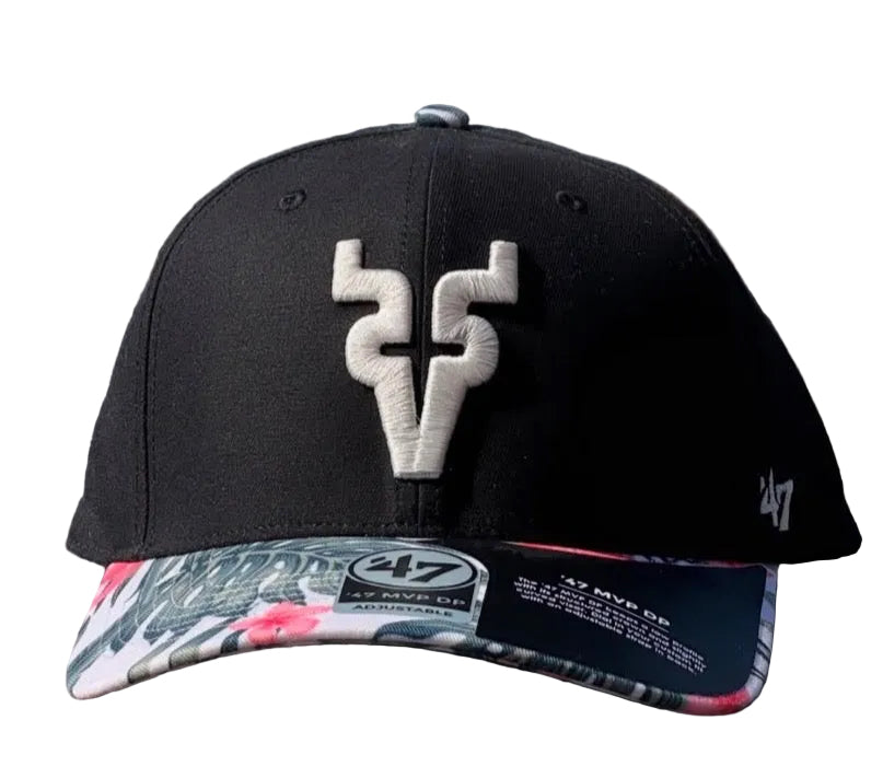 Venados De Mazatlan black '47 MVP DP adjustable cap with a white logo and a tropical pattern on the visor.