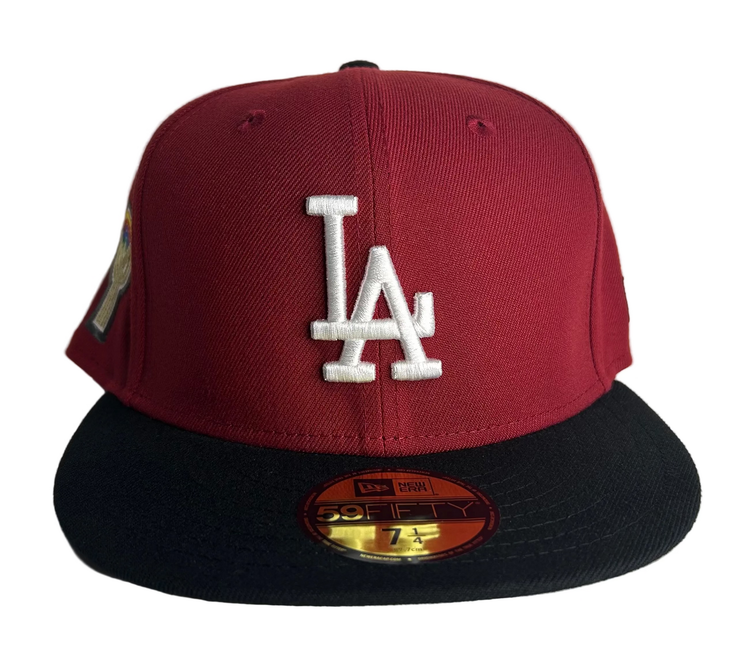 New Era 59FIFTY Los Angeles Dodgers fitted hat in a cardinal 2-Tone with a black brim and Gray UV.