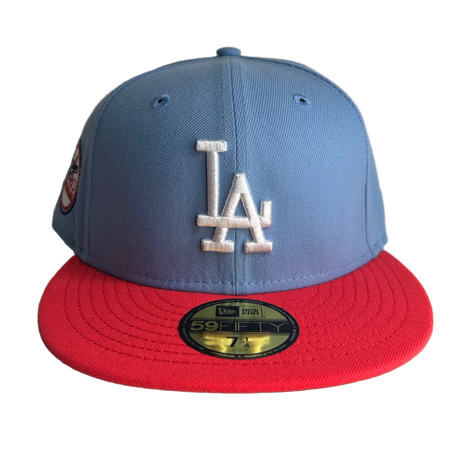 New Era Los Angeles Dodgers Spring Color Two-Tone 59FIFTY fitted hat in light blue and red with a 1980 All-Star Game side patch.