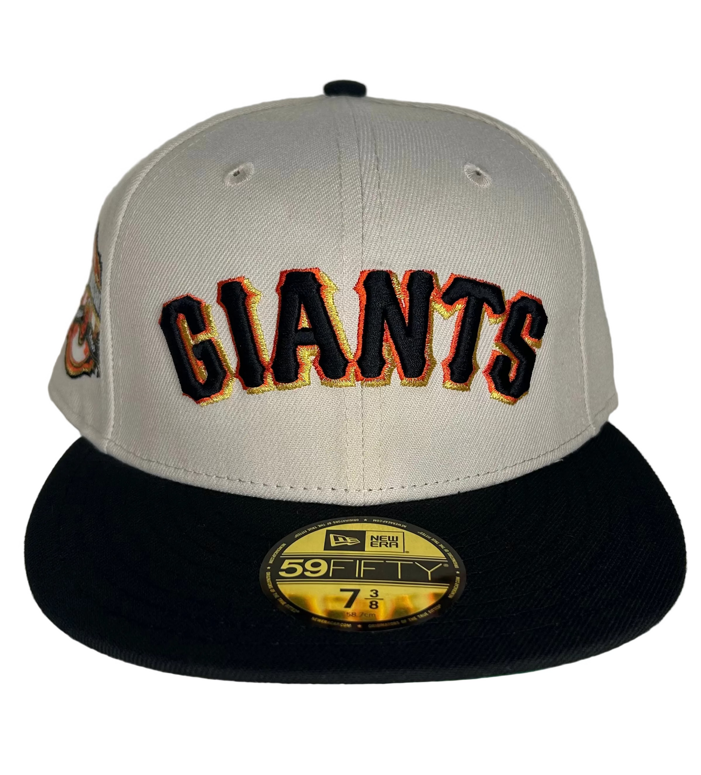 New Era San Francisco Giants 59FIFTY fitted cap featuring a cream crown, black brim, and a "2000 Inaugural Year" side patch W/ Green UV.