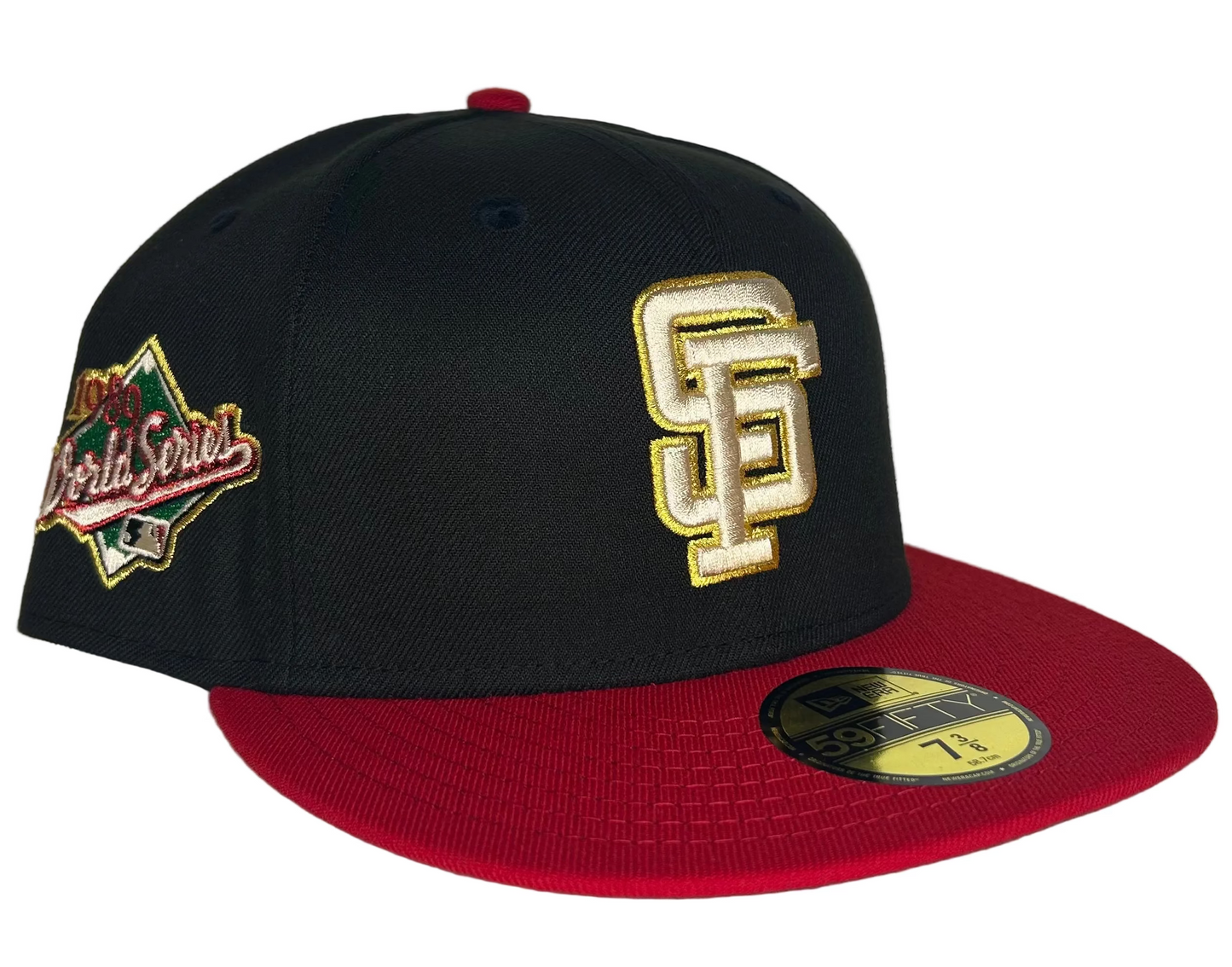 New Era 59FIFTY San Francisco Giants fitted hat in black and scarlet with a 1989 World Series side patch W/ Green UV.