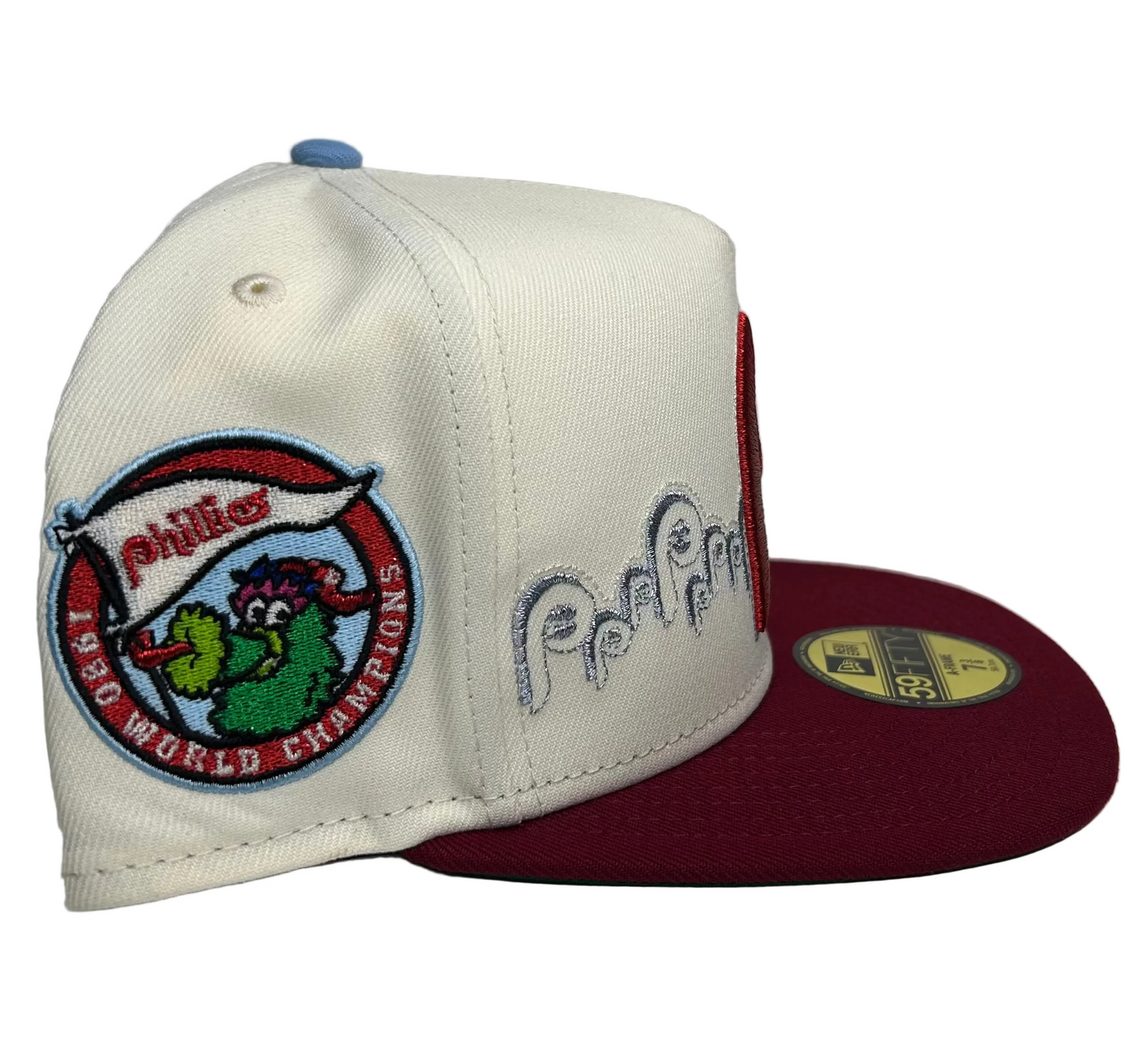 PHILADELPHIA PHILLIES 1980 WORLD SERIES CHAMPIONS A-FRAME 59FIFTY NEW ERA FITTED HAT.