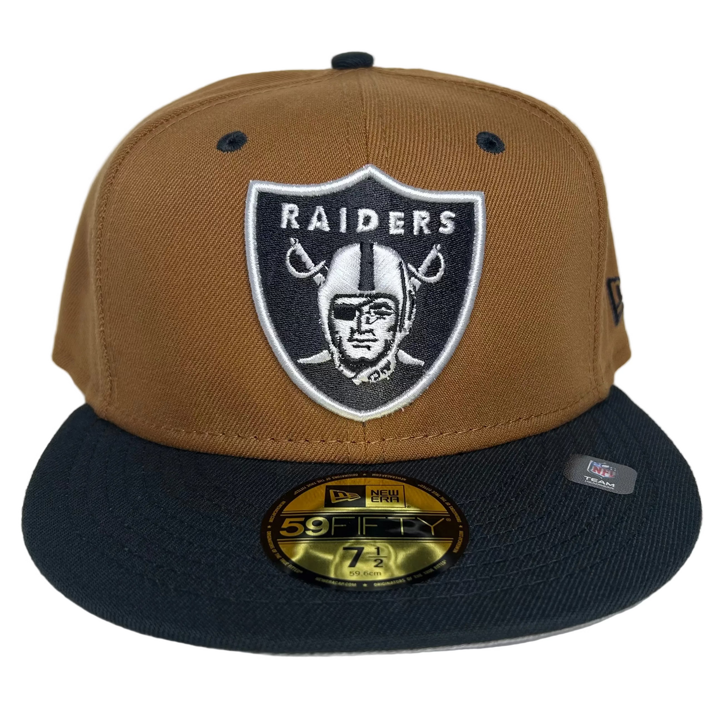 Las Vegas Raiders New Era 59FIFTY 5950 Fitted Hat Light Brown Crown Dark Gray Visor Team Color Logo Dark Gray UV.