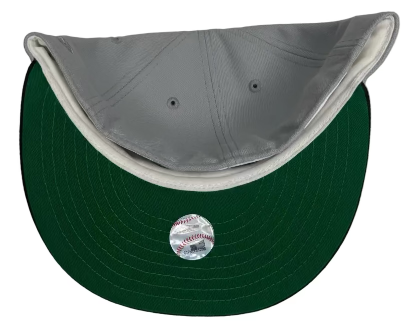 New Era San Francisco Giants 59FIFTY fitted hat, specifically a gray and black two-tone version W/ a Side Batty & Green UV.