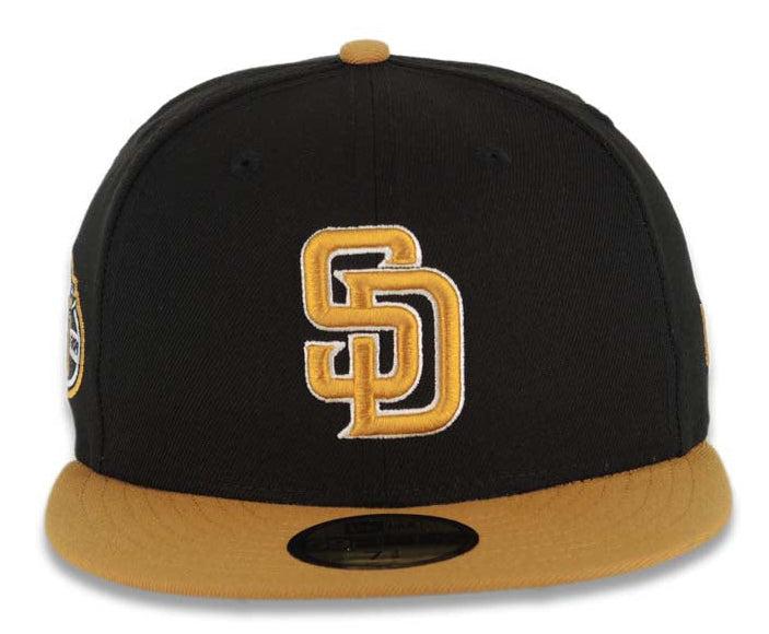 San Diego Padres New Era 59FIFTY Fitted Hat Black Crown Tan Visor Tan/White Logo 50th Anniversary Side Patch Gray UV.