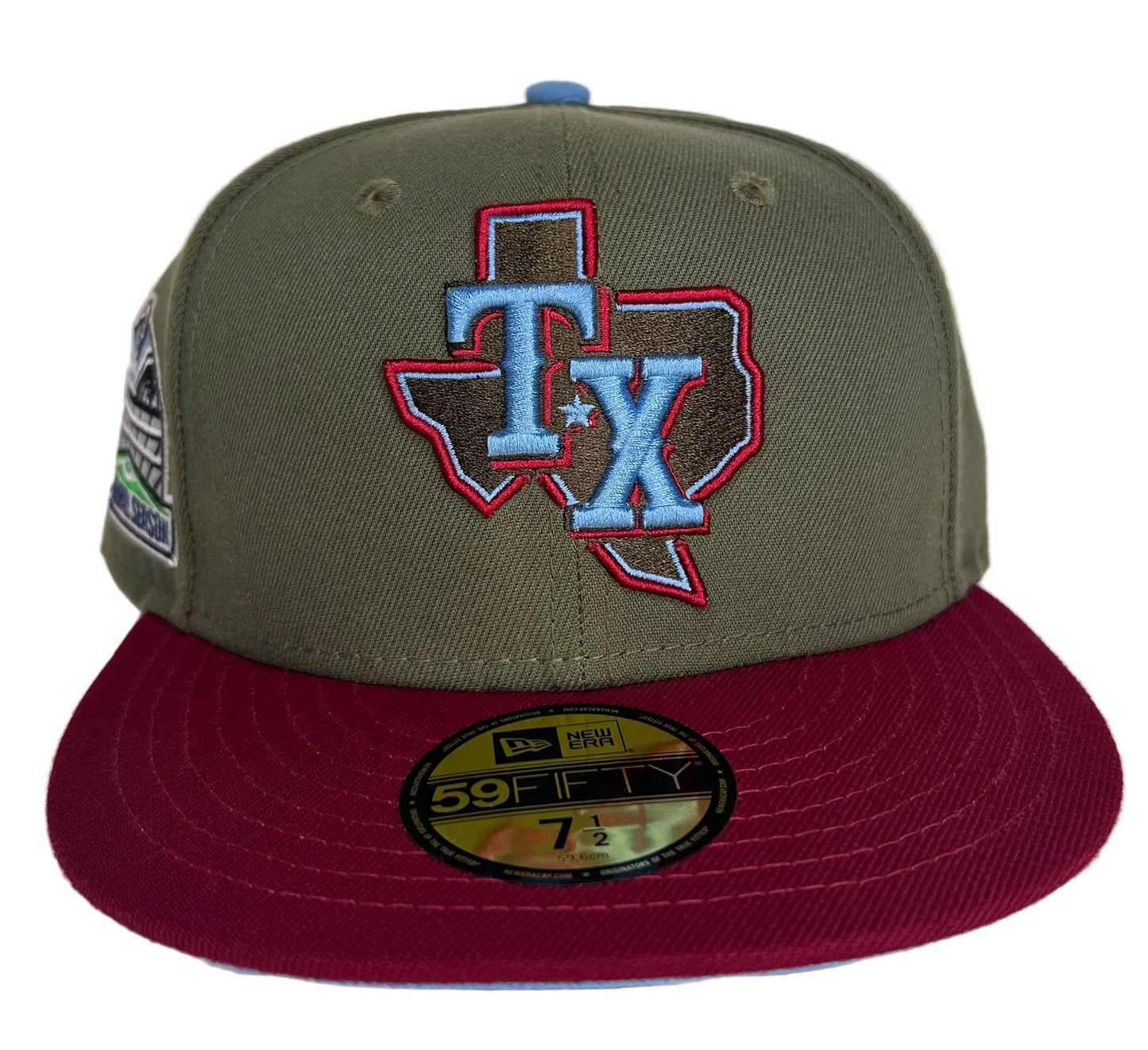 New Era Texas Rangers "Inaugural Season" 59FIFTY fitted hat, featuring a high crown, structured fit, and a team patch commemorating the stadium.