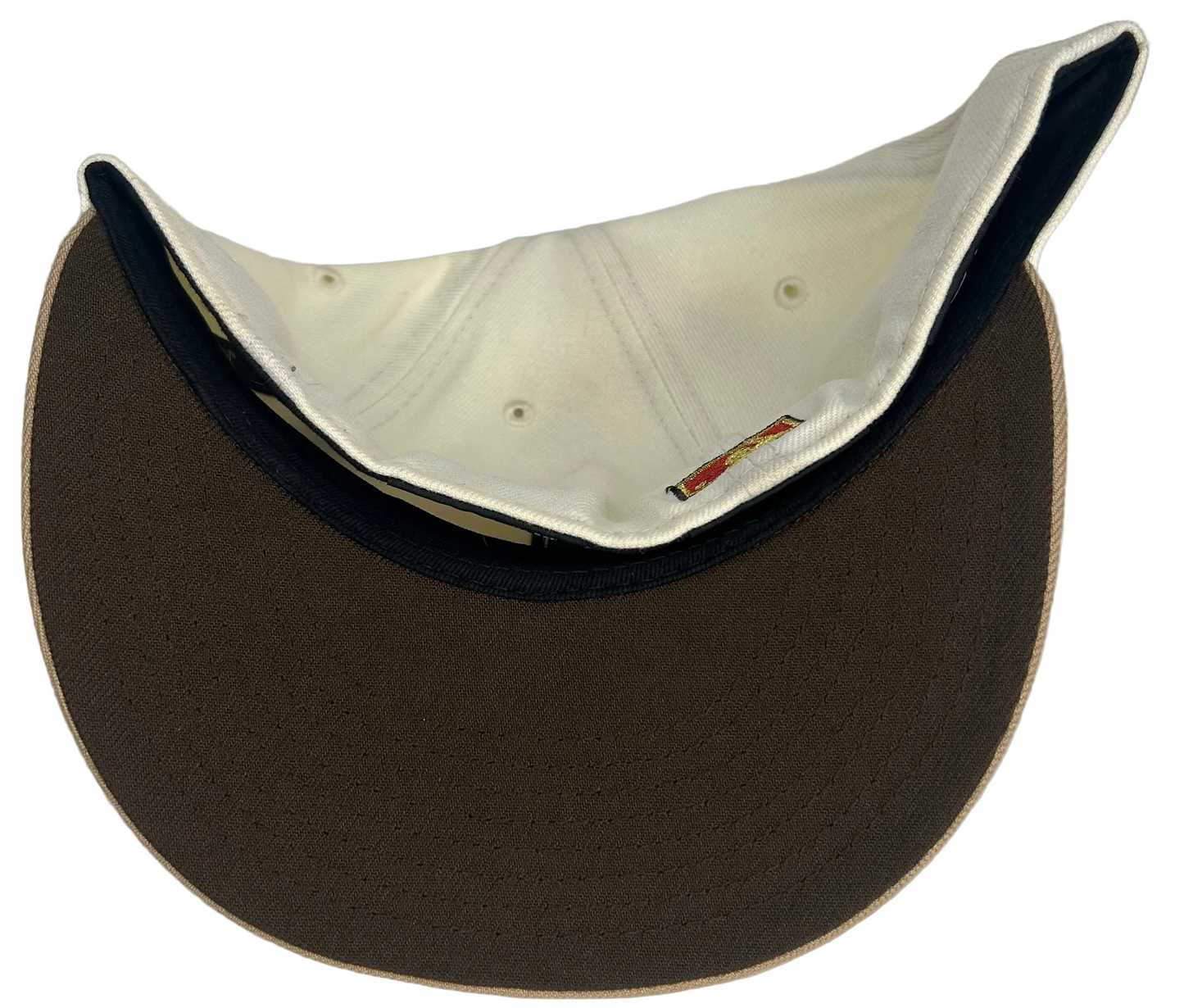 OFF-white Philadelphia Phillies 59FIFTY fitted hat featuring a tan visor, brown under-visor, and a 2004 Inaugural Season side patch.