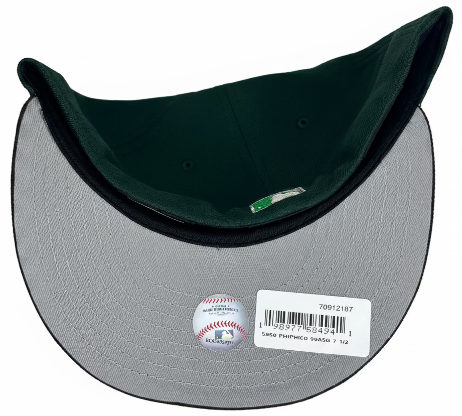 New Era Philadelphia Phillies 59FIFTY fitted cap featuring a dark green crown, brown visor, and a 1996 All-Star Game side patch.