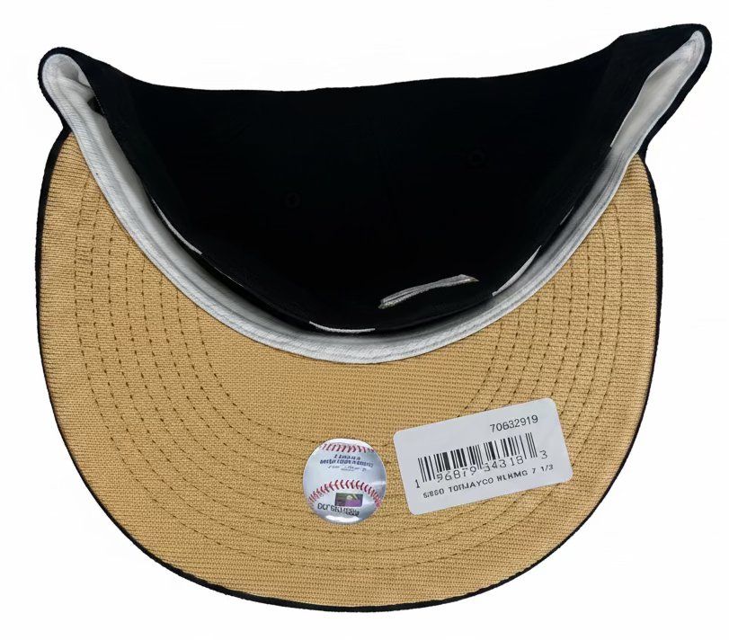 New Era Toronto Blue Jays 59FIFTY fitted hat featuring a black crown and metallic gold embroidery