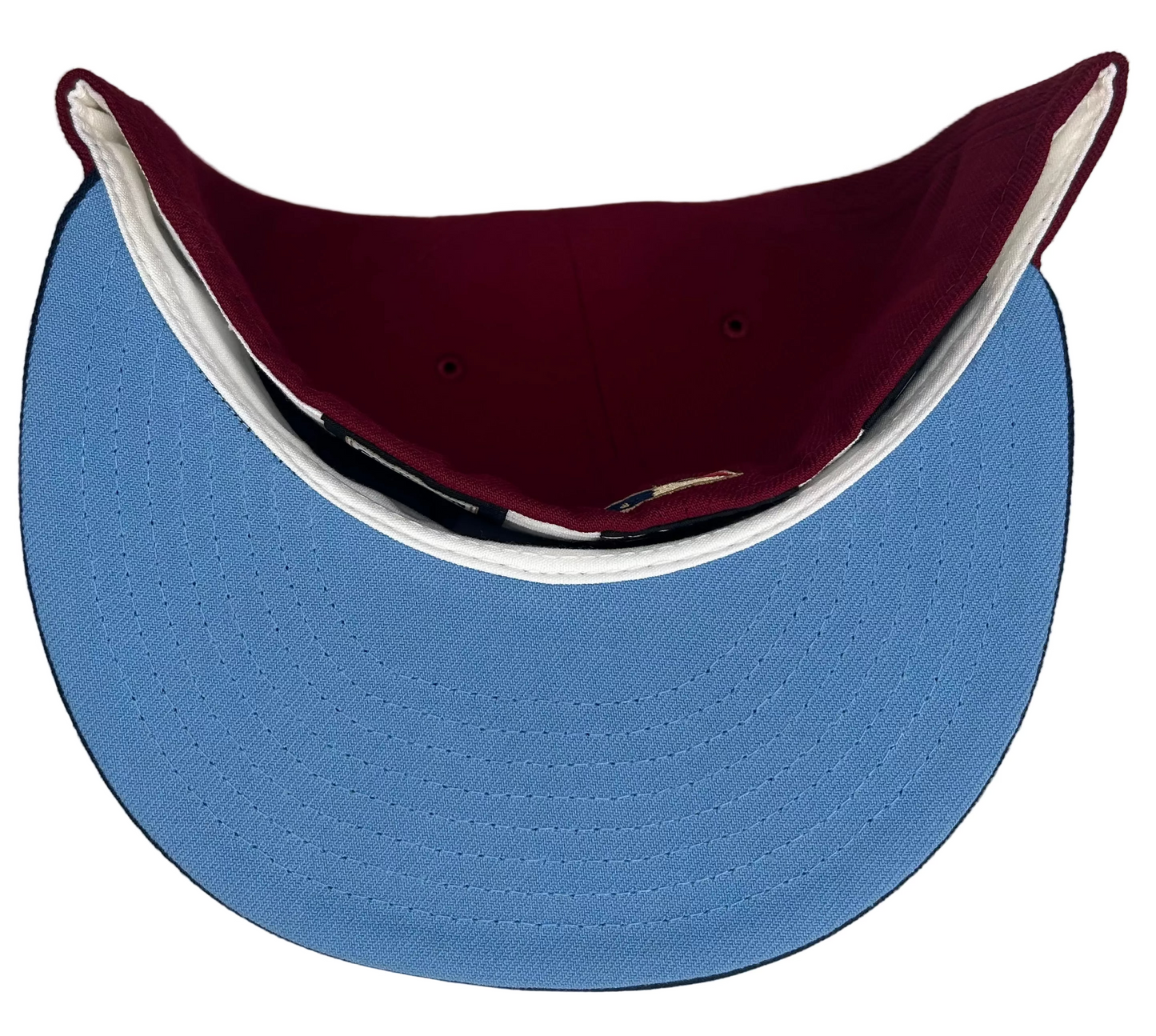 New Era Boston Red Sox State Fruit 59FIFTY fitted hat featuring a burgundy crown, navy visor, and a 90th anniversary patch.