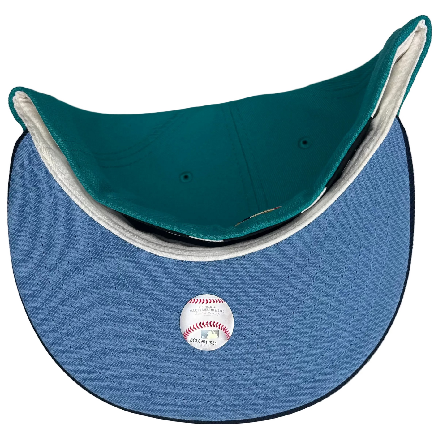 New Era Boston Red Sox 59FIFTY fitted hat featuring a teal crown, navy brim, and a 2013 World Series Champions side patch.