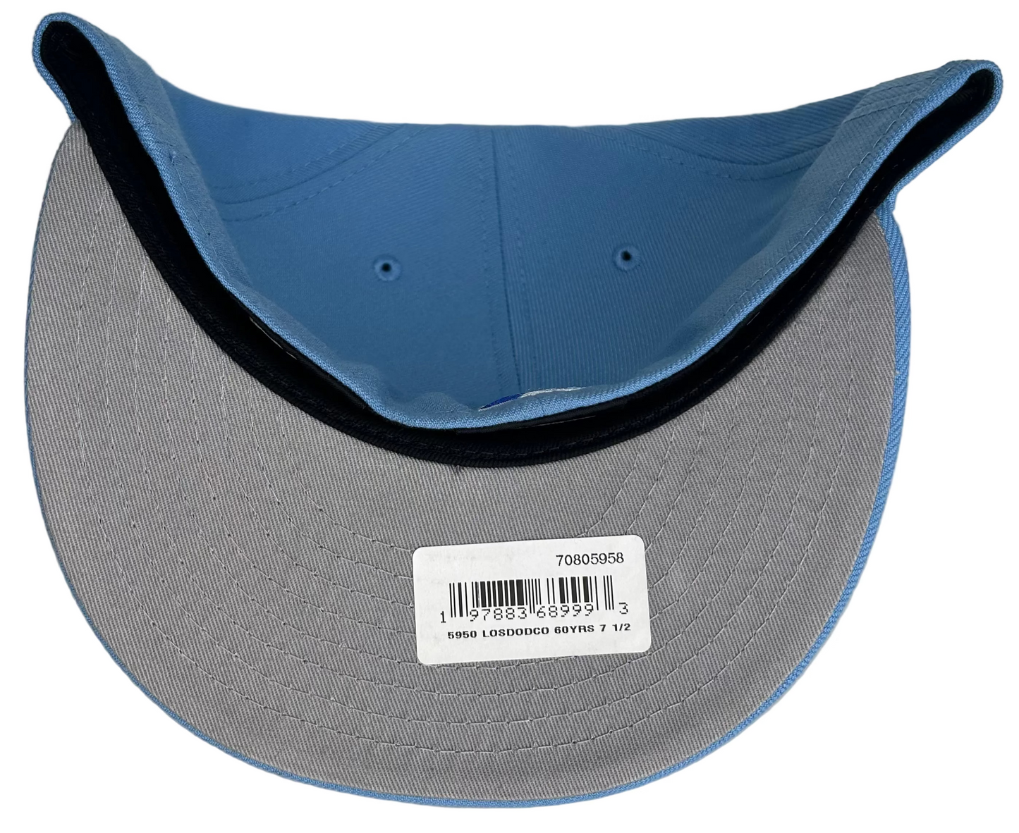 New Era Los Angeles Dodgers 59FIFTY fitted hat in a sky blue color featuring a 60th anniversary patch on the side.