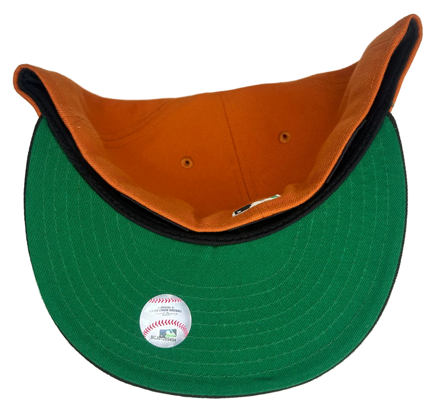 New Era Texas Rangers 59FIFTY fitted hat featuring a burnt orange crown, black visor, and a 1995 All-Star Game side patch.