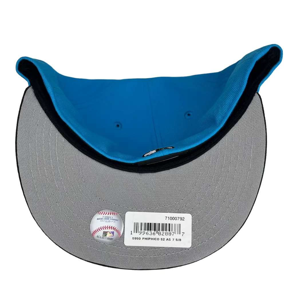 New Era Philadelphia Phillies 59FIFTY fitted hat featuring a light blue crown, black visor, and a 1952 All-Star Game patch.