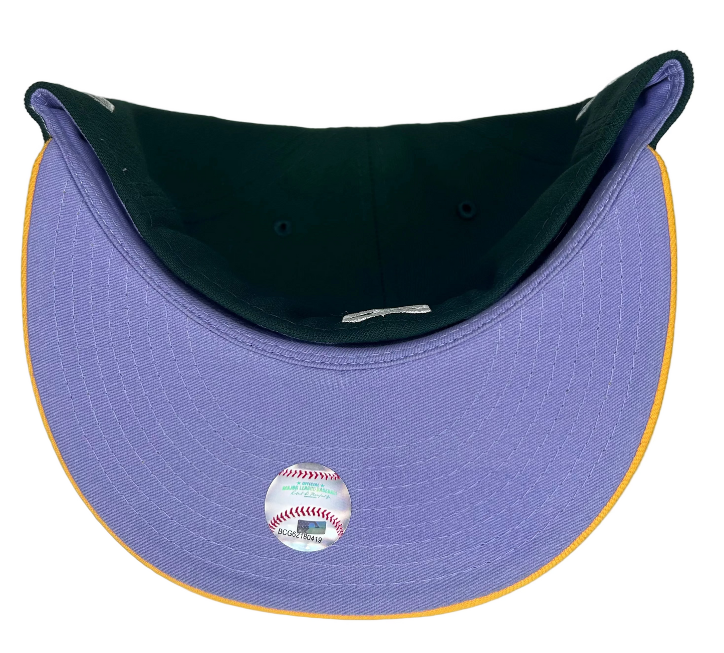Oakland Athletics “Pop Sweat" 1974 World Series New Era 59Fifty Fitted Hat Green/Gold & Lavender UV.