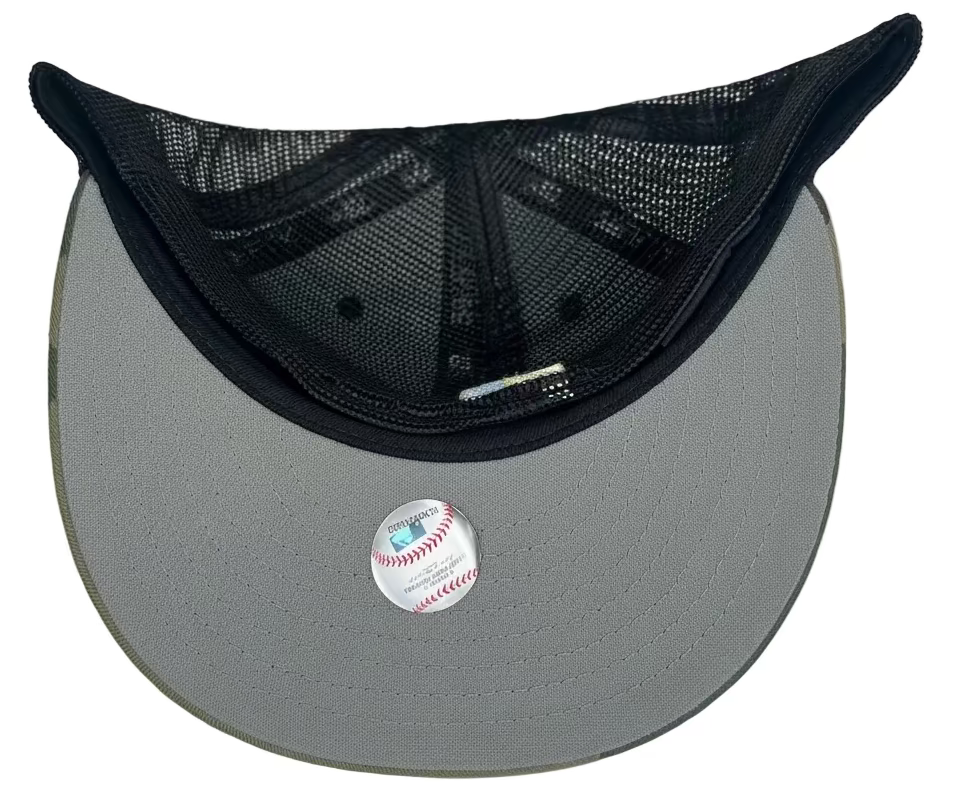 Chicago Cubs "Can't See Me" trucker fitted hat, a custom design featuring a camouflage pattern and a yellow bear logo.