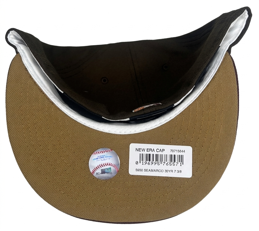 New Era Seattle Mariners 30th Anniversary Community Edition 59Fifty fitted hat in a brown colorway with a maroon visor.