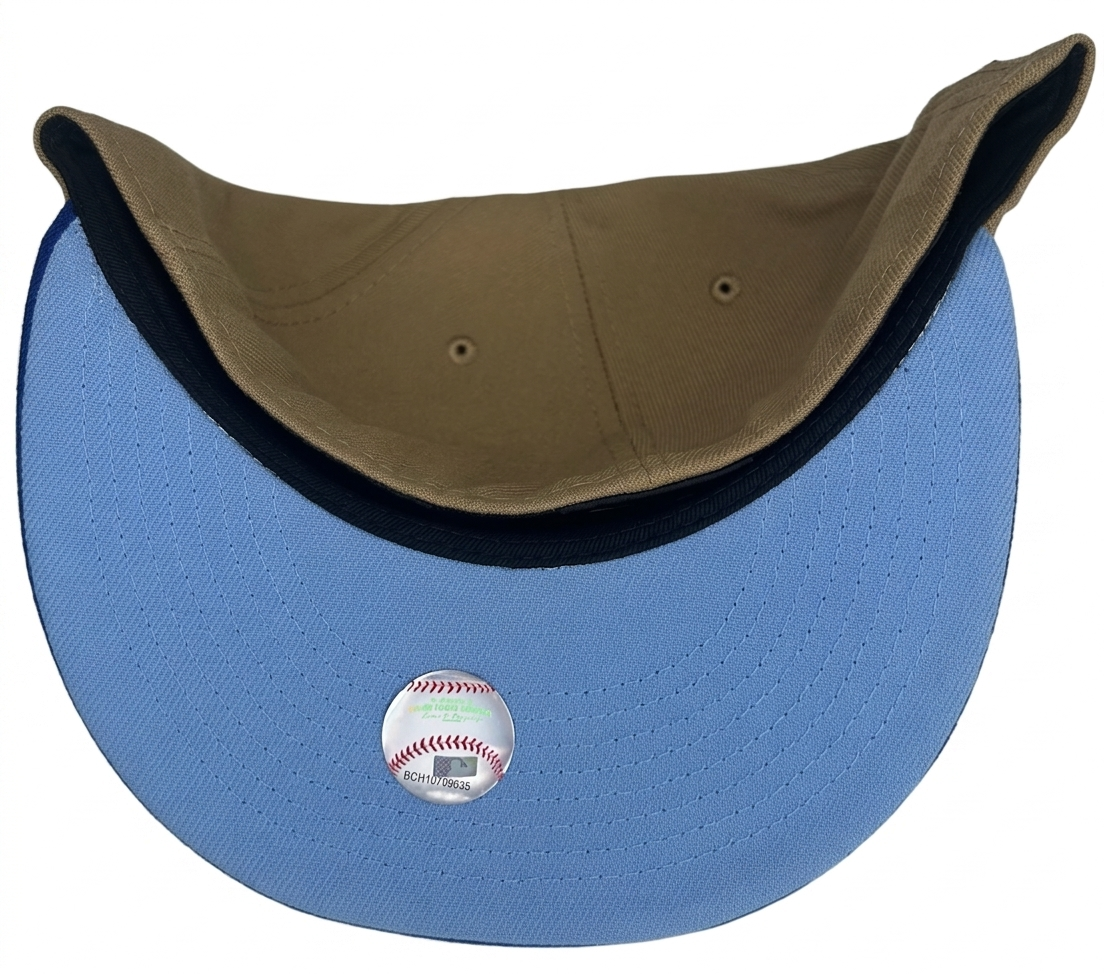 New Era Texas Rangers 59FIFTY fitted hat features a khaki crown, a royal blue brim, and a 1995 All-Star Game side patch.