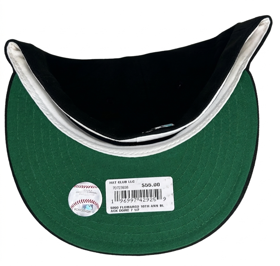 New Era 59FIFTY Florida Marlins hat features a 10th-anniversary side patch and a distinctive black crown.