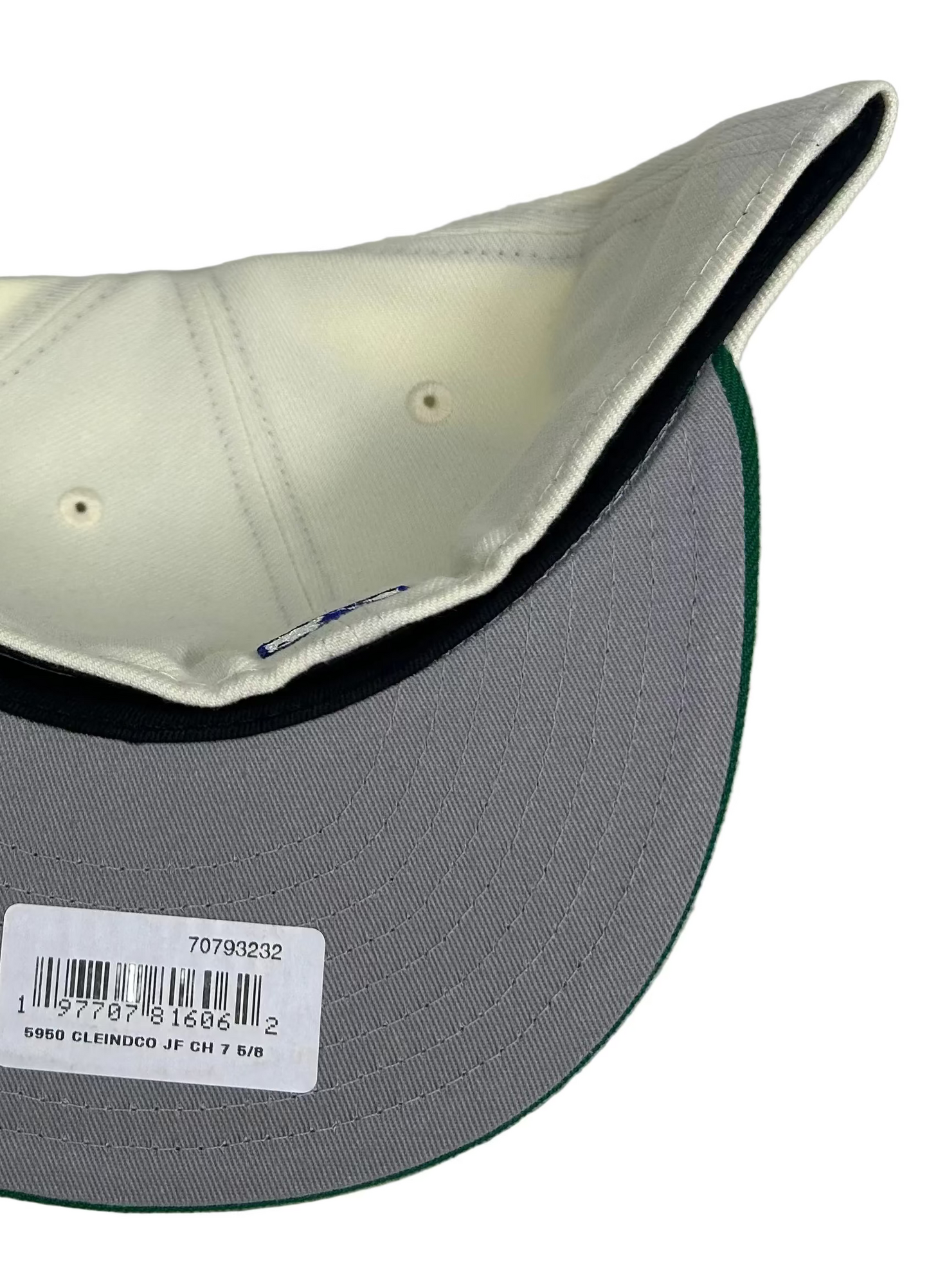 New Era Cleveland Indians 59Fifty Fitted Hat featuring a cream crown, green visor, a commemorative 1994 Jacobs Field patch.