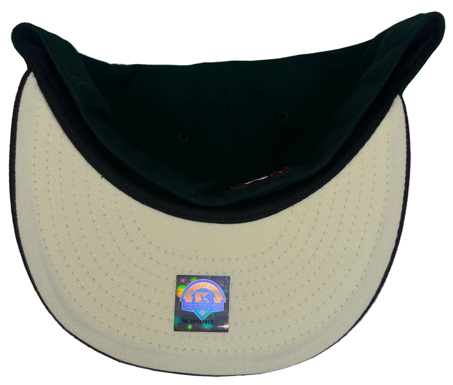 New Era Buffalo Bisons fitted hat features a green crown, a maroon visor, and a metallic copper side patch.