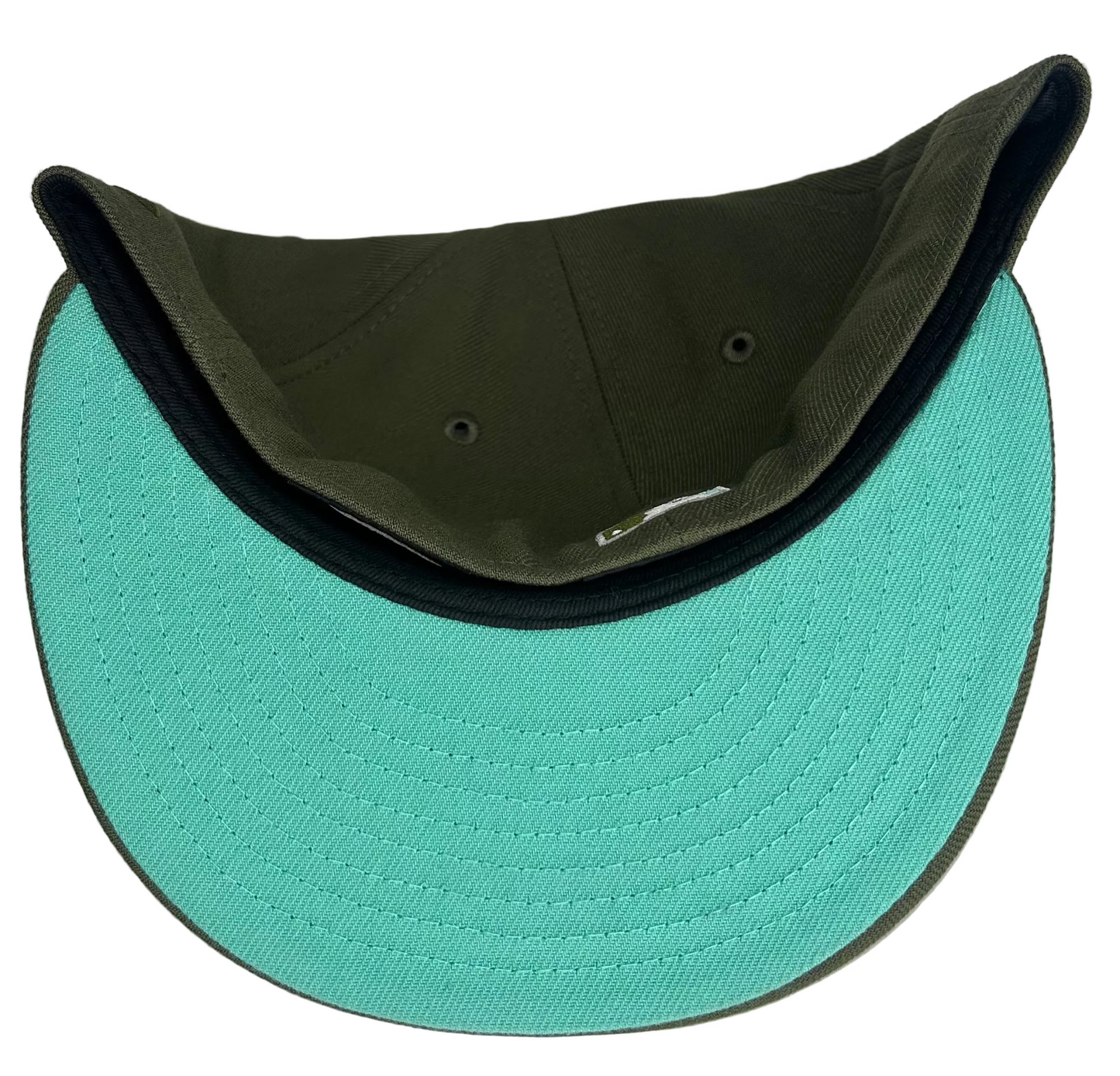 New Era 59FIFTY Miami Marlins hat features Olive Green & a distinct "mint" green under-visor.