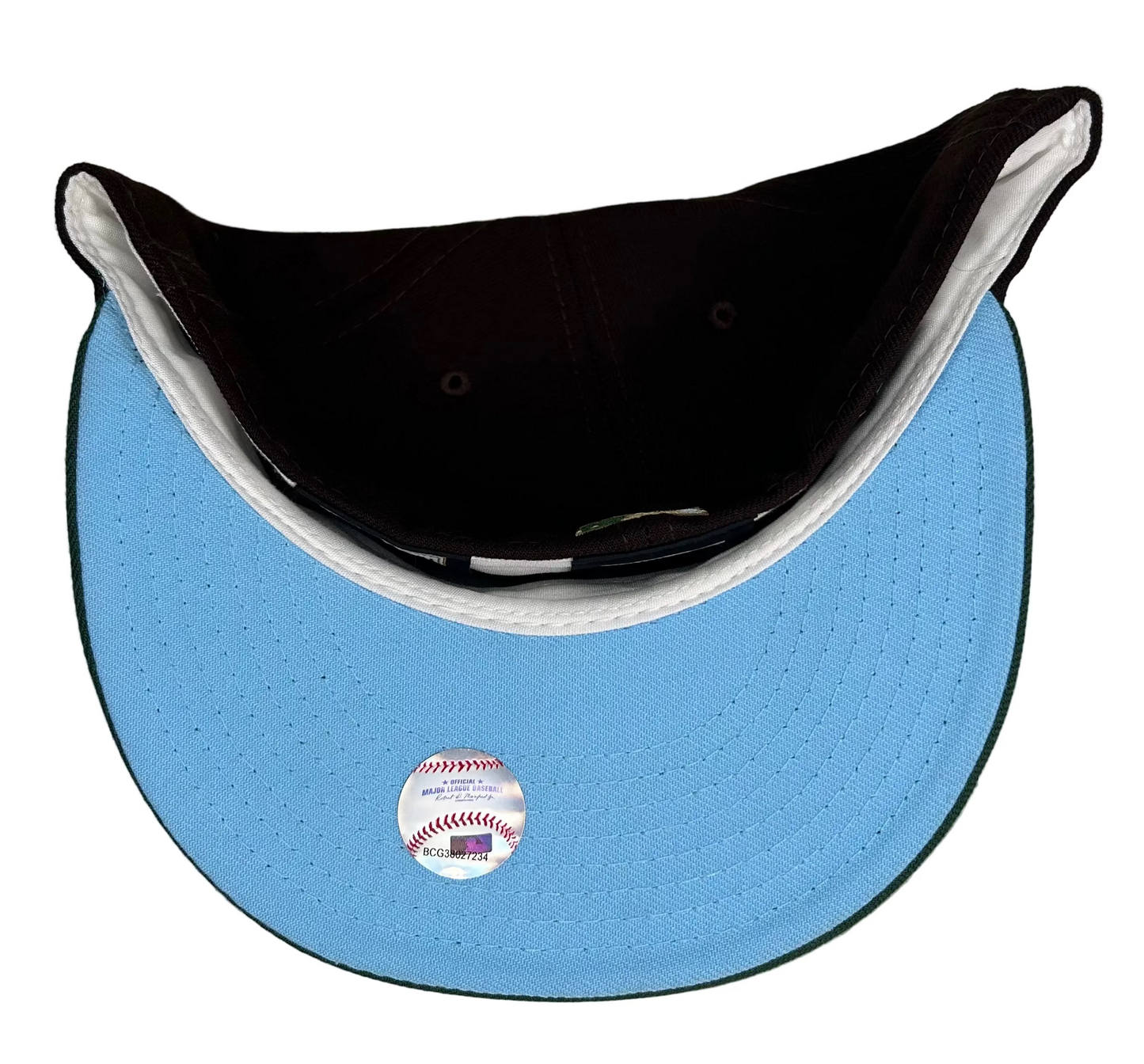 New Era 59FIFTY Chicago Cubs fitted hat featuring a chocolate brown crown, dark green visor, and a special Wrigley Field 100th anniversary patch on the side.