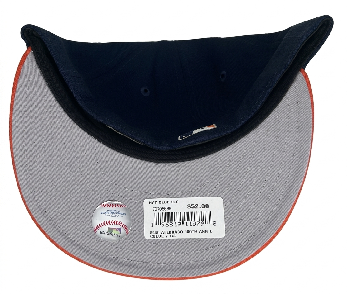 Atlanta Braves New Era 59FIFTY fitted hat, specifically featuring a navy crown, orange visor, and a 150th Anniversary side patch.